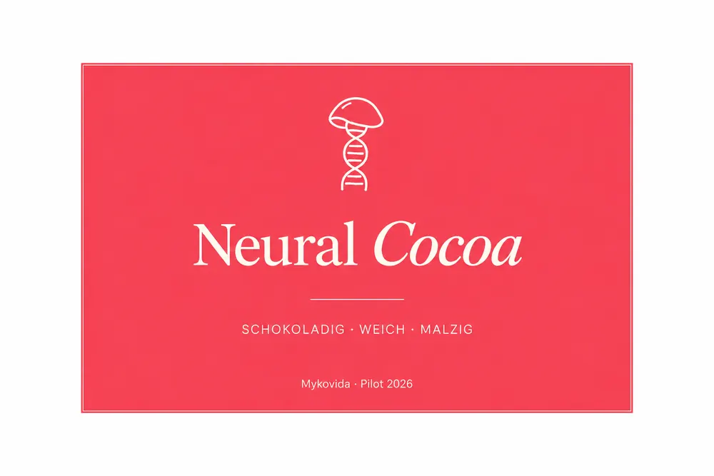 Rotes Etikett Neural Cocoa mit Pilz-Helix-Zeichen