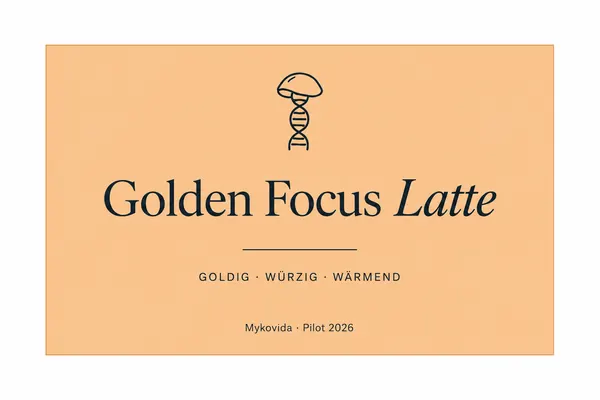Apricotfarbenes Etikett Golden Focus Latte mit Pilz-Helix-Zeichen