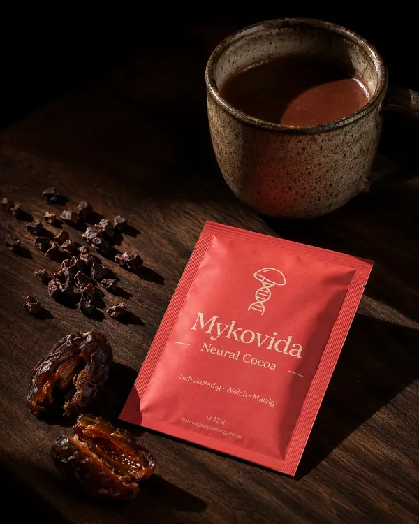 Rotes Sachet Neural Cocoa neben einer Tasse Kakao, Kakaonibs und Datteln auf dunklem Holz