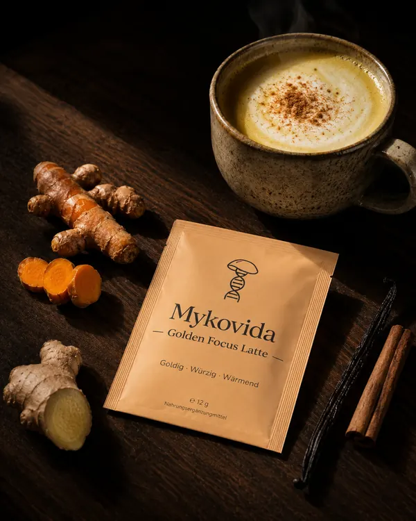 Apricotfarbenes Sachet Golden Focus Latte neben einer Tasse goldener Milch, frischer Kurkuma, Ingwer und Zimtstangen