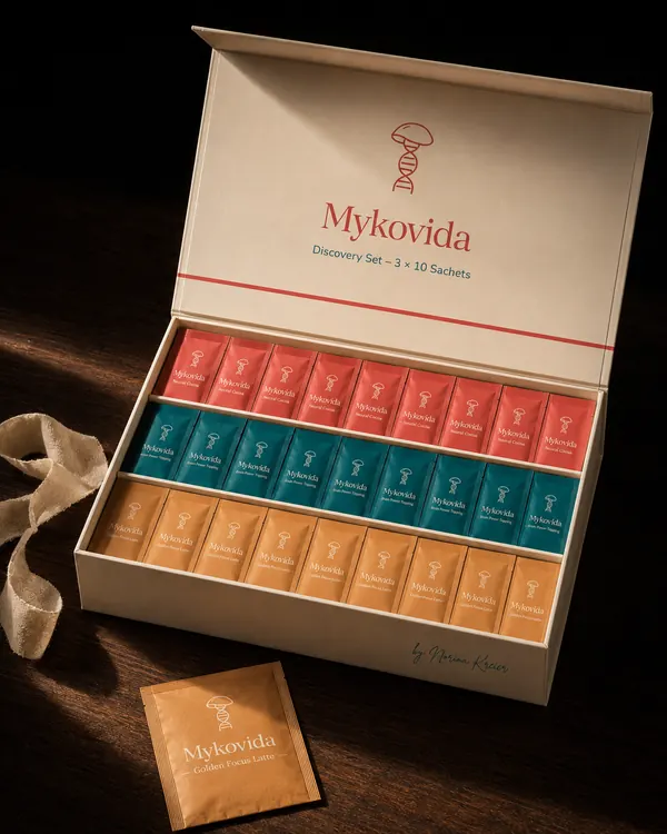 Geöffnete cremefarbene Box Discovery Set mit drei Reihen Sachets in Rot, Petrol und Apricot
