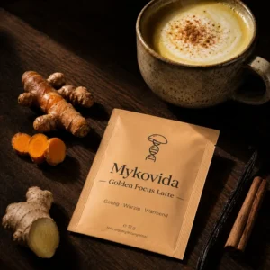 Golden Focus Latte Sachet neben Tasse goldener Milch